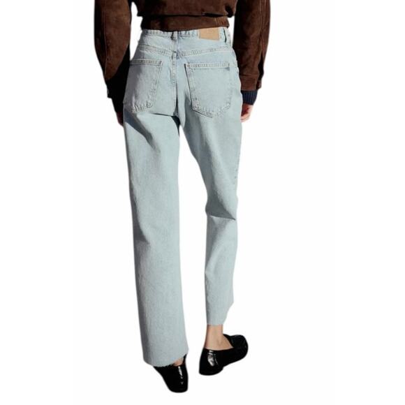 Zara Women's 4 Light Blue High Waist Straight Ankle Rigid Pocketed Cotton Jeans - Picture 5 of 10